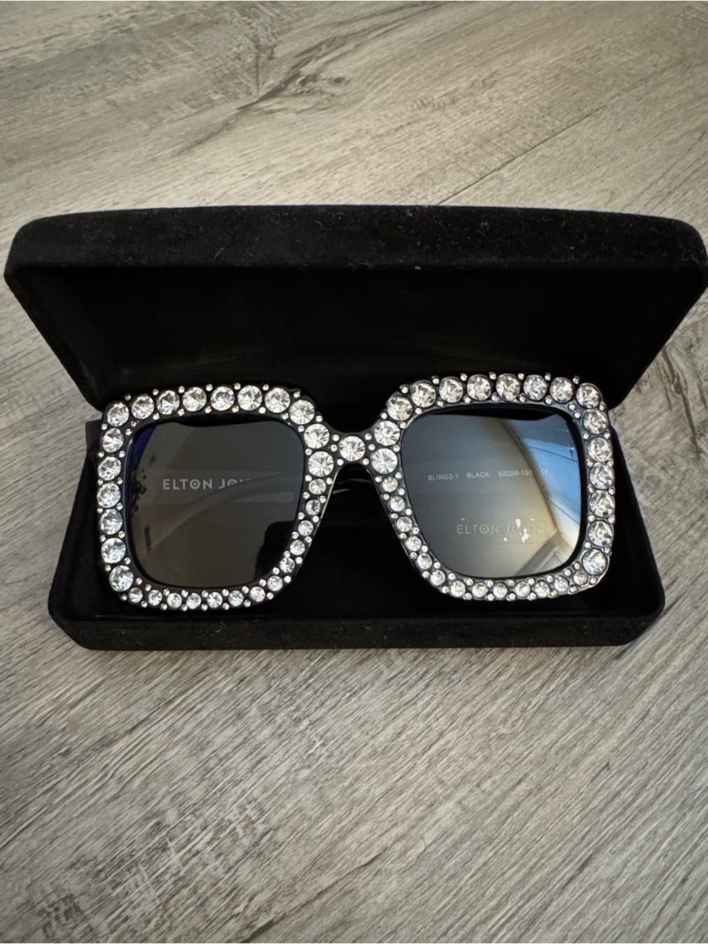 Elton John Black Crystal-Embellished Square Sunglasses